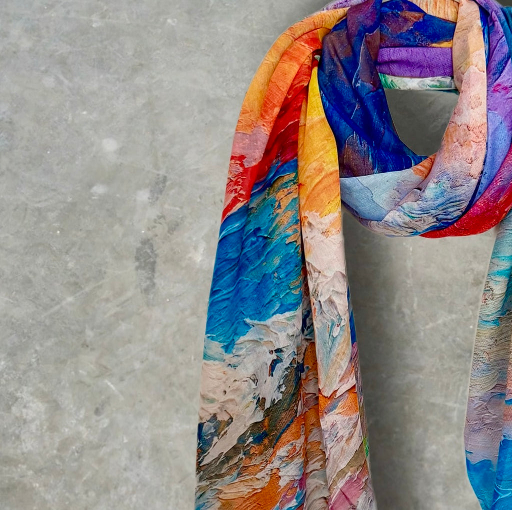 Multicolour Abstract Watercolour Cotton Scarf,Artistic Brushstroke Print Summer Scarf,Lightweight Colourful Shawl
