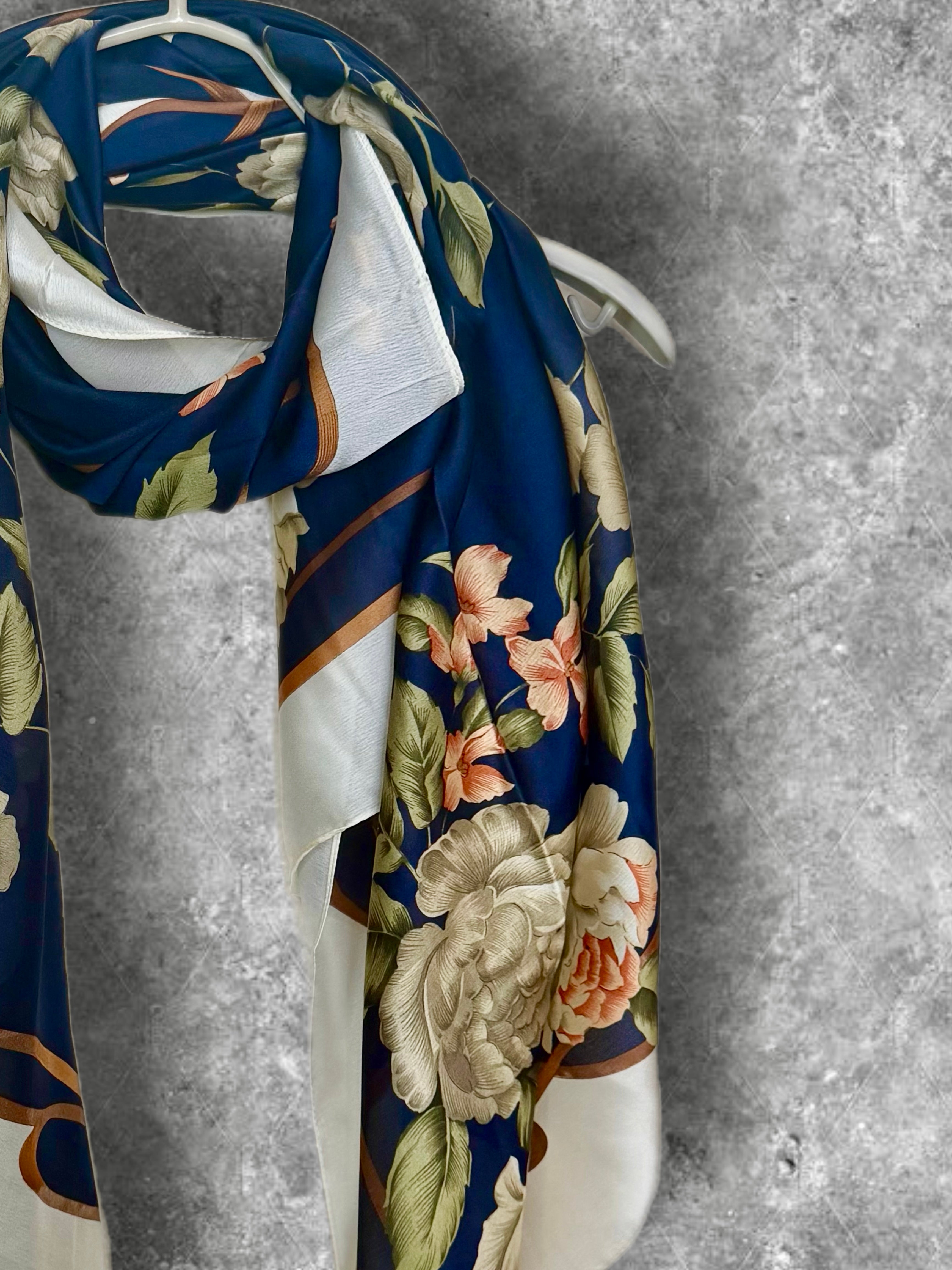 Navy Blue Long Silk Scarf for Women,Peony Floral Print Shawl,Lightweight Luxury Wrap