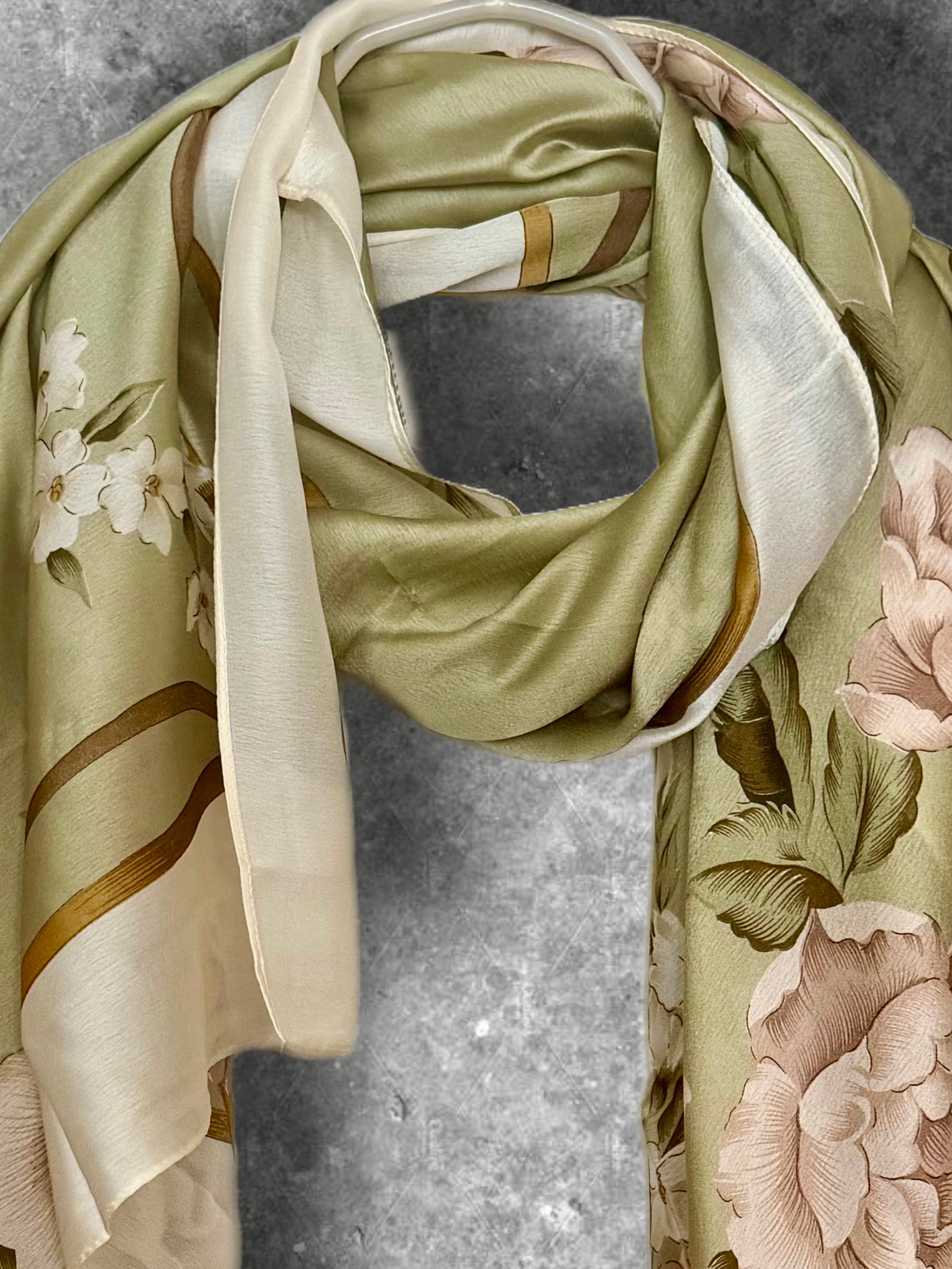 Olive Green Womens Silk Scarf with White Rose Floral Design,Lightweight Spring Sumner Wrap