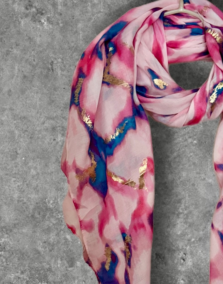 Pink Watercolor Cotton Scarf for Women,Lightweight Summer Shawl with Gold Foil Accents