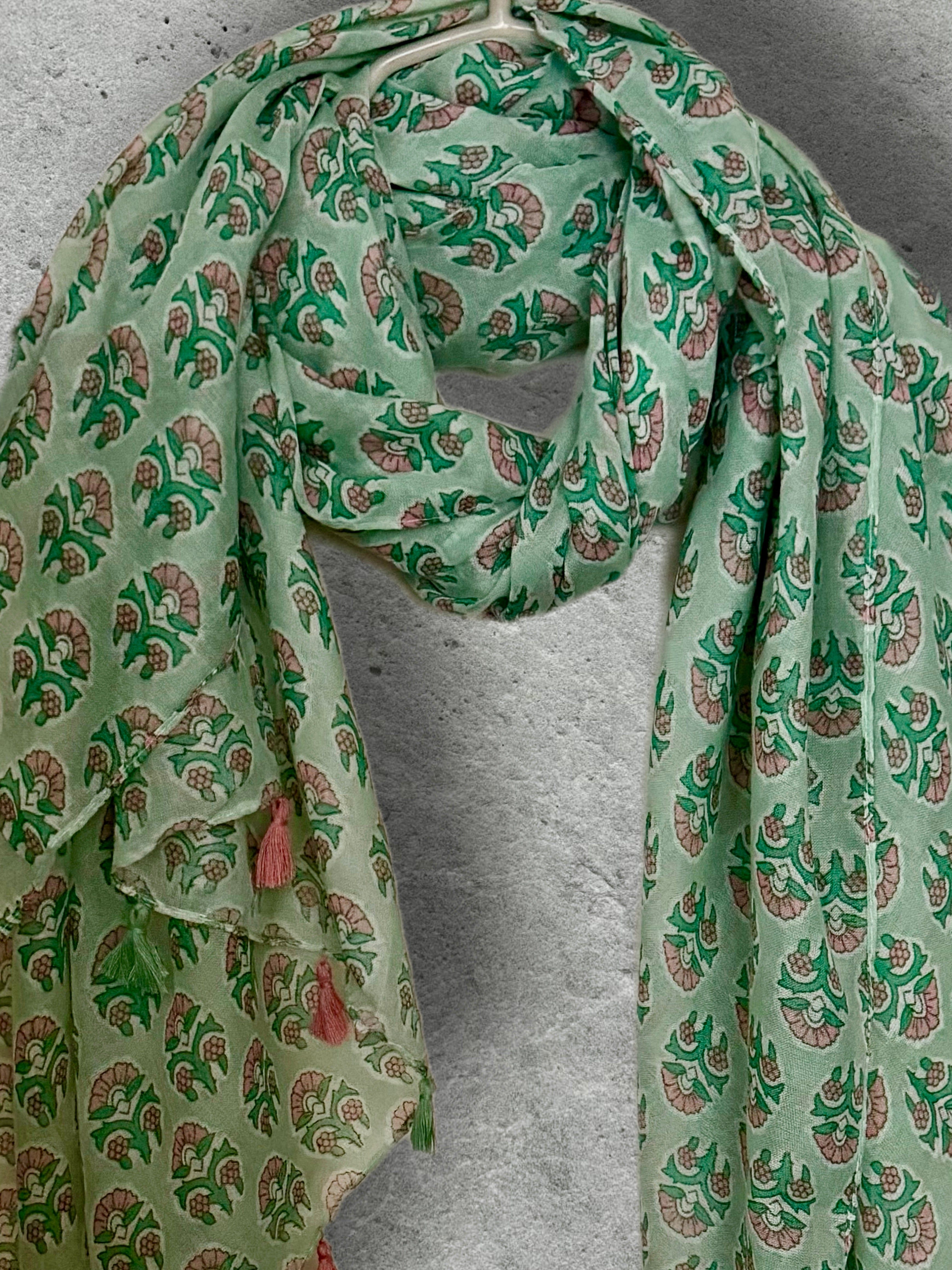 Mint Green Botanical Cotton Scarf,Lightweight Summer Wrap,Bohemian Floral Shawl with Tassels