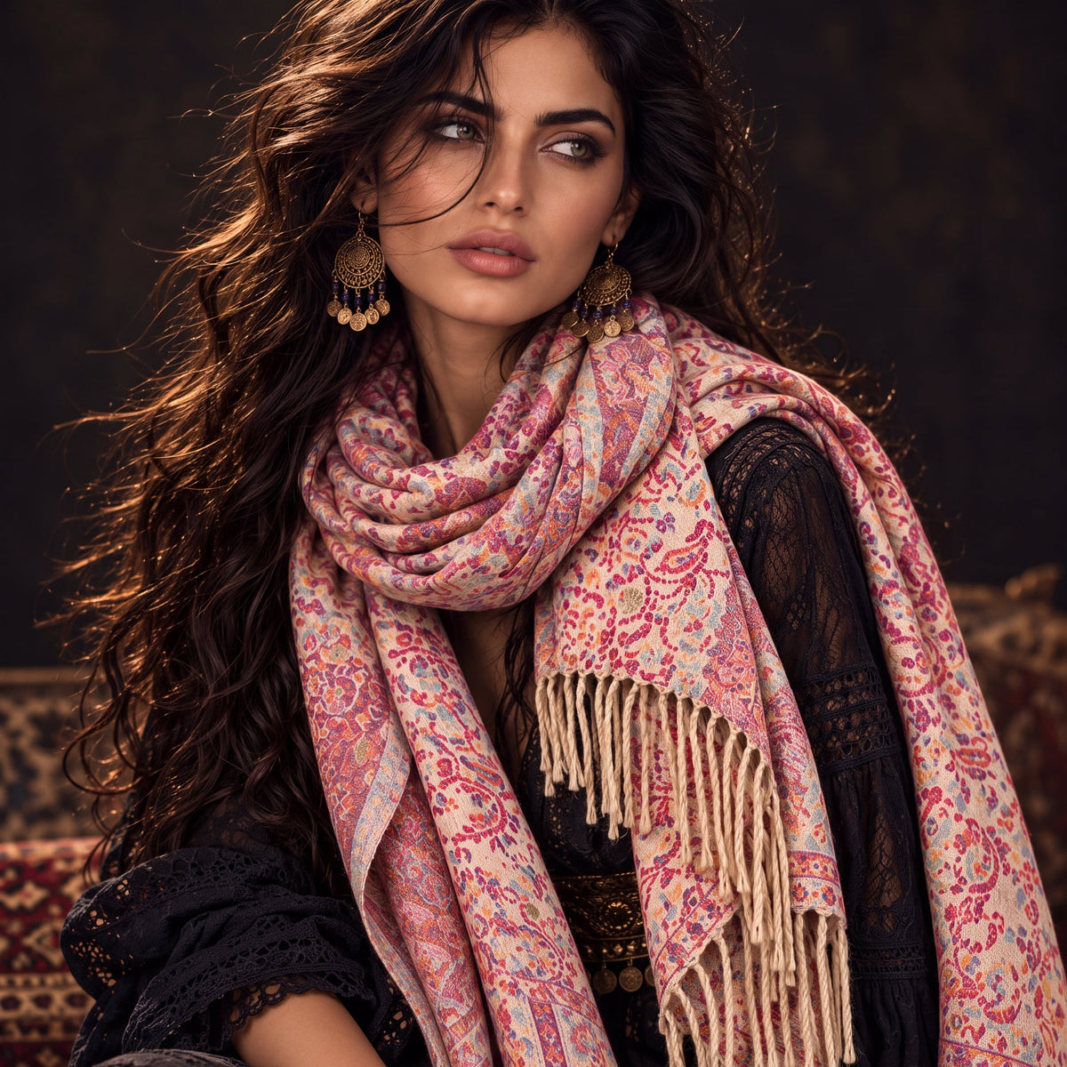 Blush Cream Pink Antique Floral Weave Reversible Winter Scarf