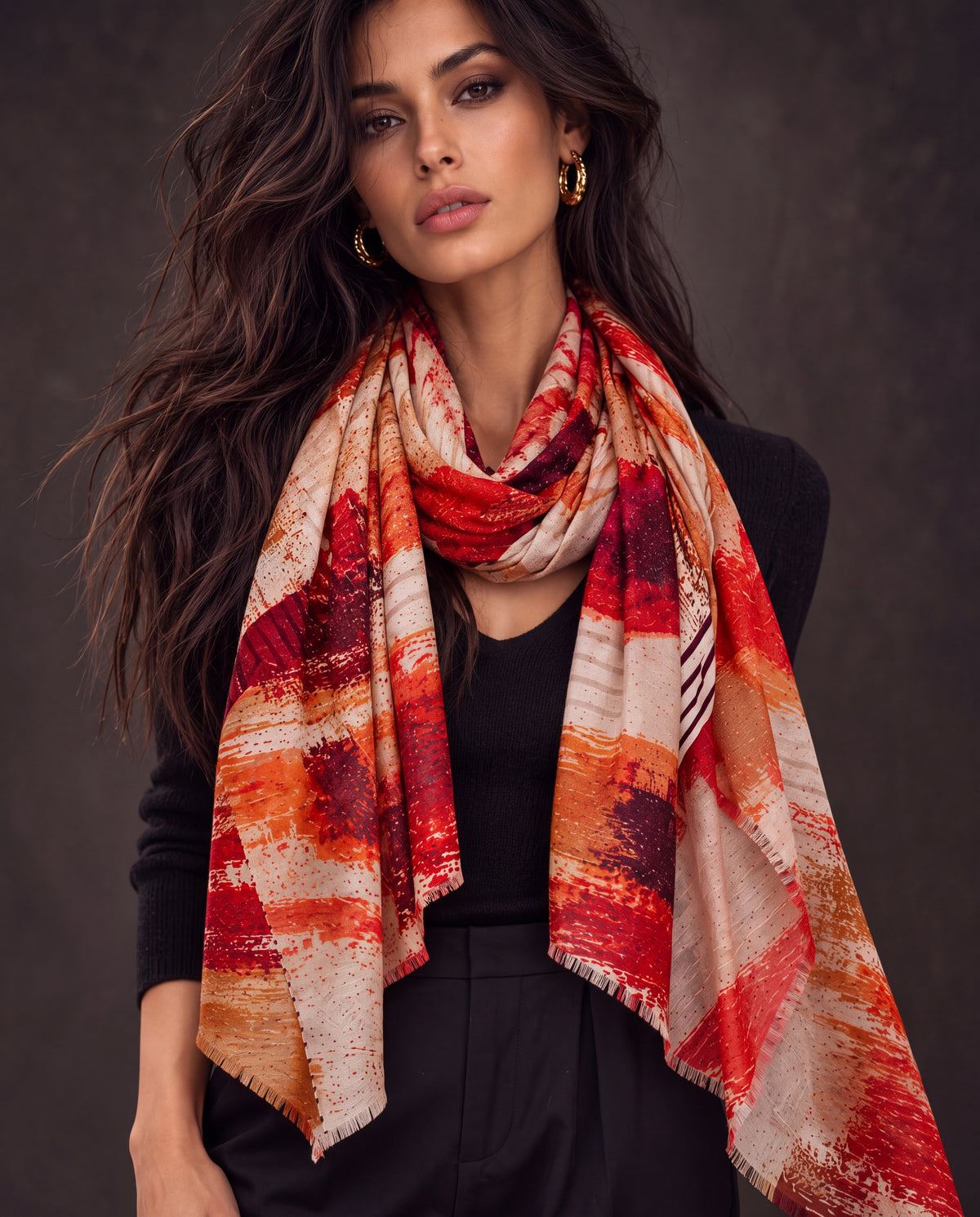 Red Burgundy and Beige Brushstroke Autumn Winter Scarf