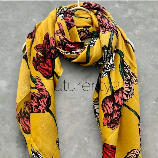 Mustard Yellow Scarf with Eco-Friendly Sketched Parrot Tulips Flower Design – A Sustainable Gift for Mom and Her, Ideal for Birthday and Christmas Celebrations