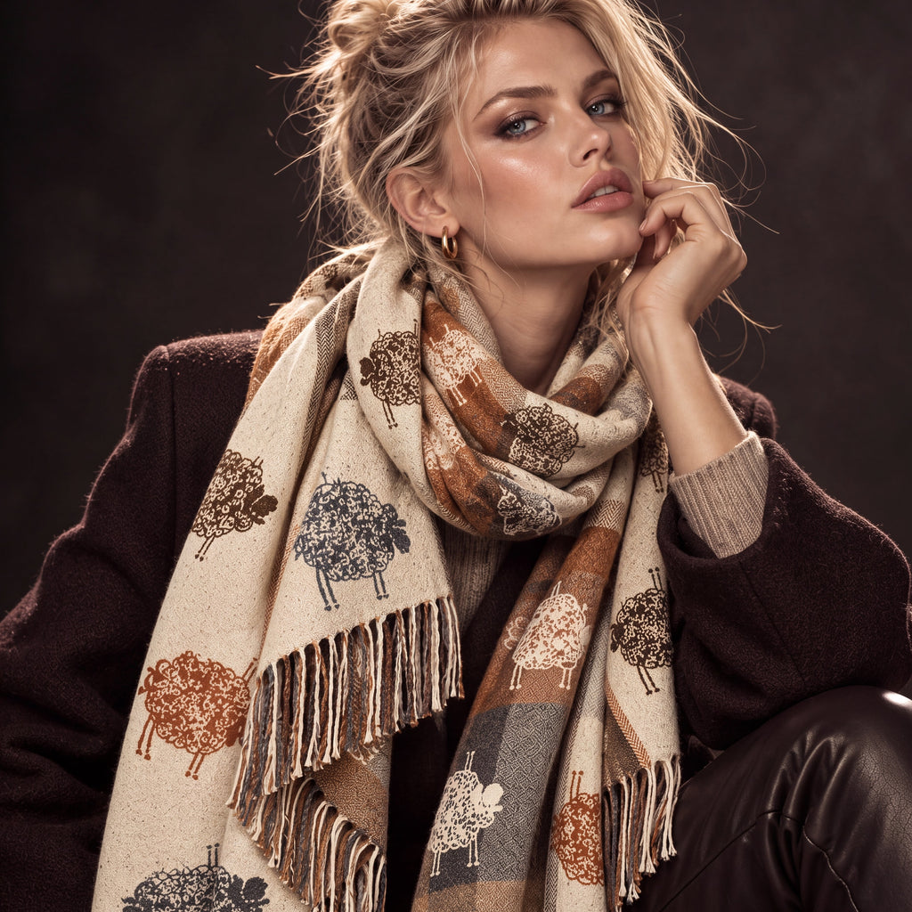 Cream Brown Sheep Reversible Winter Scarf