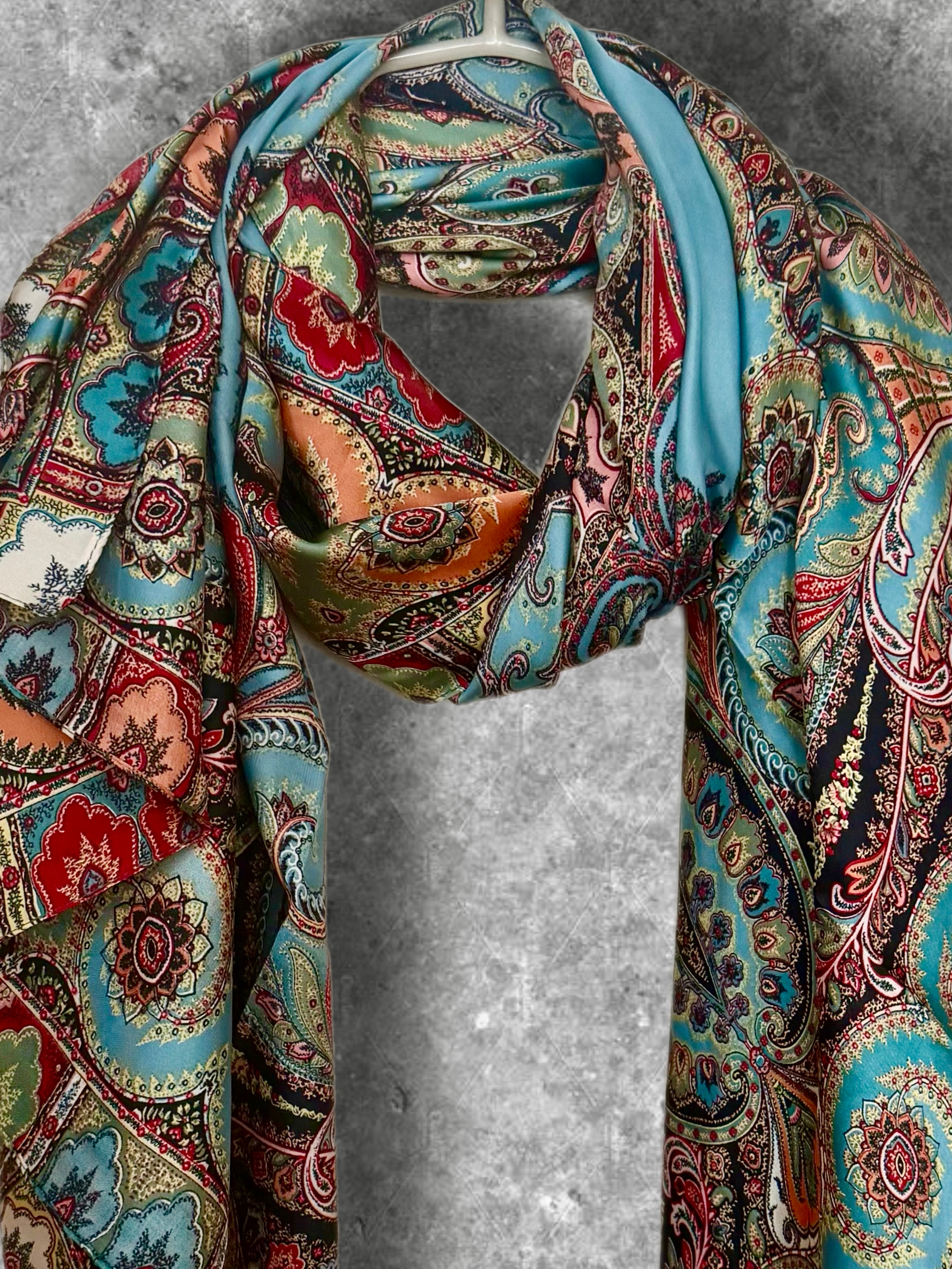 Boho Paisley Print Silk Scarf, Lightweight Shawl in Turquoise Blue for Women,Summer Wrap
