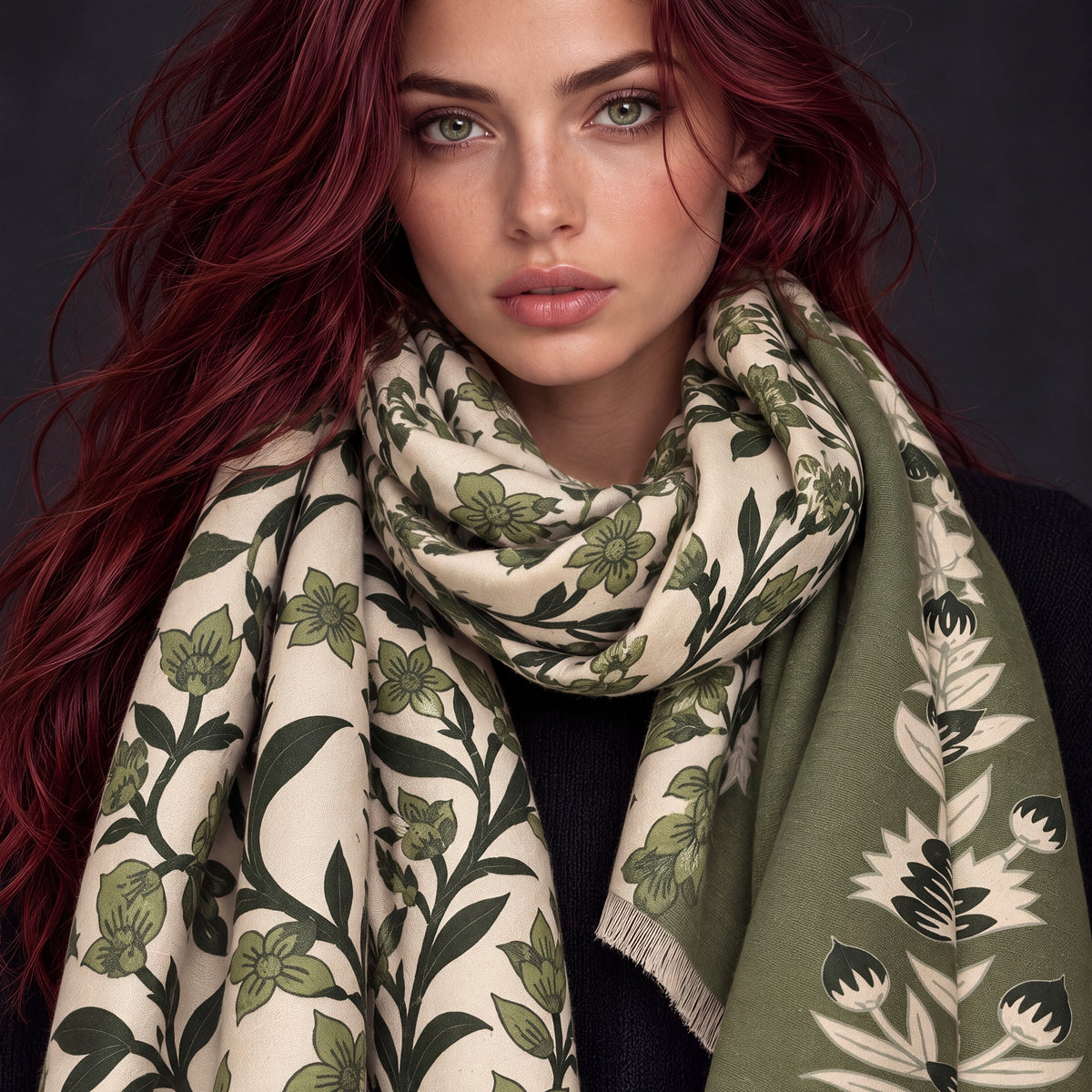 Beige and Olive Green Heritage Garden Floral Reversible Winter Scarf