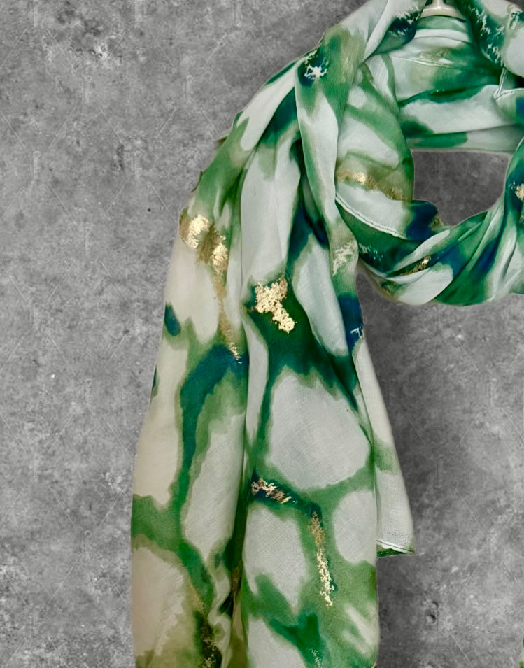 Green Marble Effect Cotton Scarf for Women,Lightweight Summer Wrap with Gold Accents