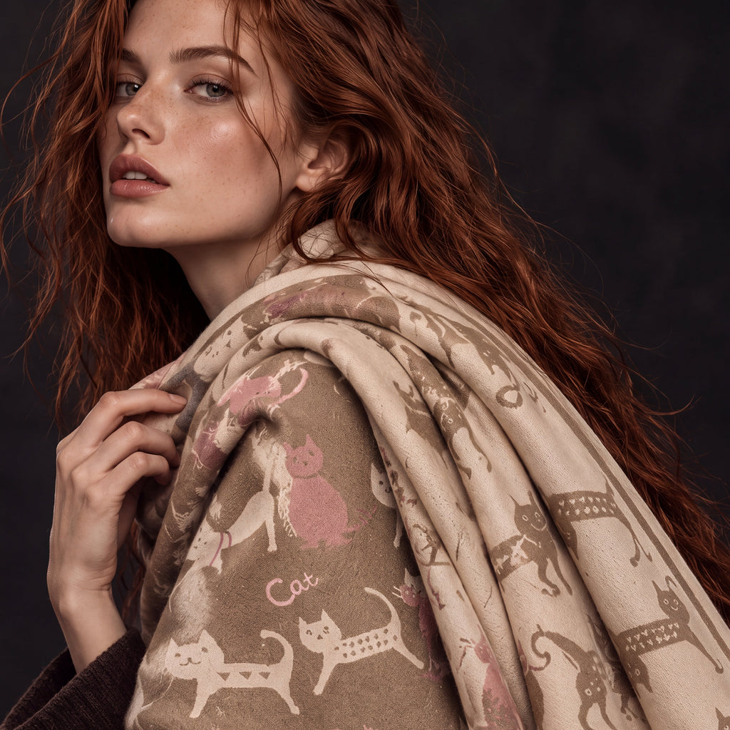 Taupe & Cream Cat Pattern Reversible Winter Scarf