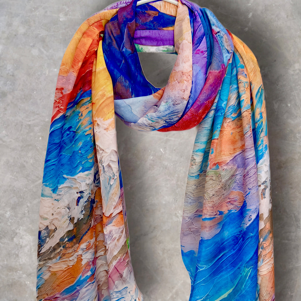 Multicolour Abstract Watercolour Cotton Scarf,Artistic Brushstroke Print Summer Scarf,Lightweight Colourful Shawl