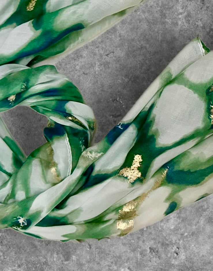 Green Marble Effect Cotton Scarf for Women,Lightweight Summer Wrap with Gold Accents