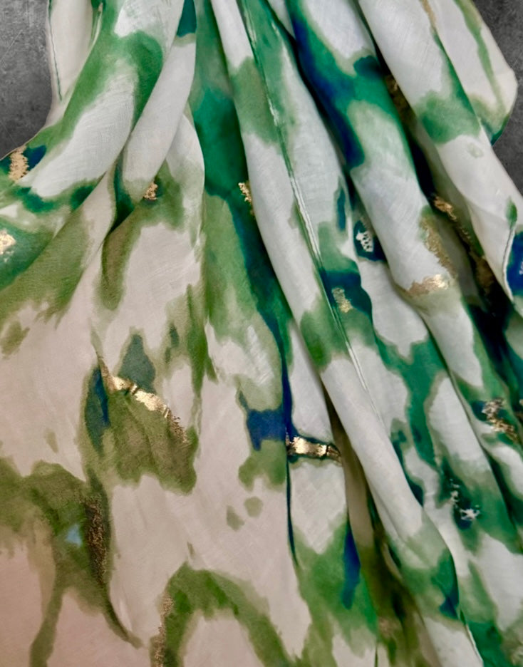 Green Marble Effect Cotton Scarf for Women,Lightweight Summer Wrap with Gold Accents