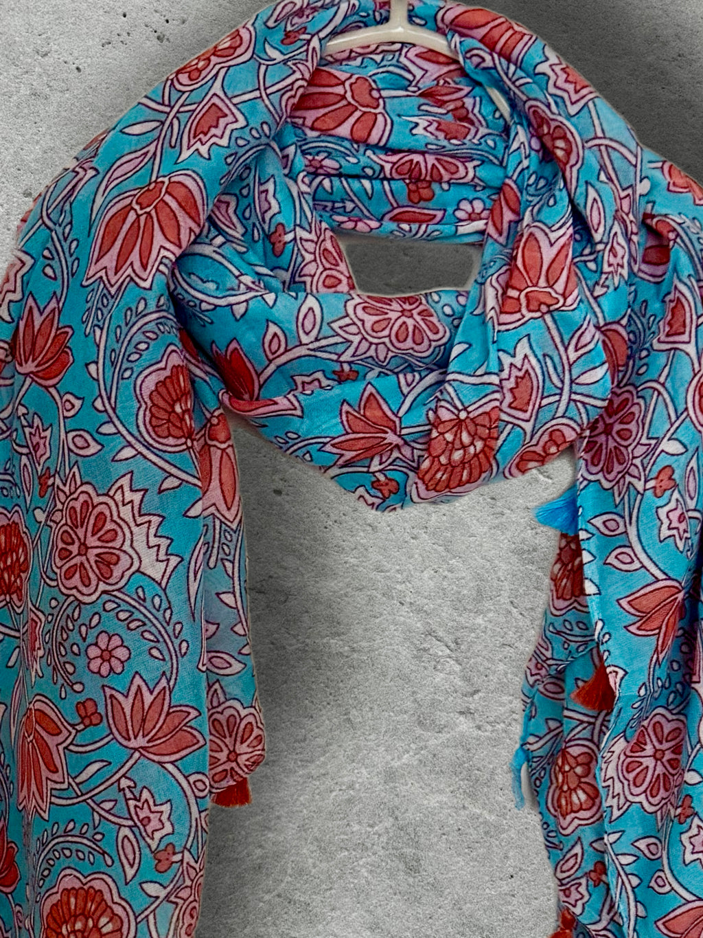 Turquoise Blue Floral Scarf,Lightweight Spring Summer Shawl,Soft Cotton Tassel Wrap for Women
