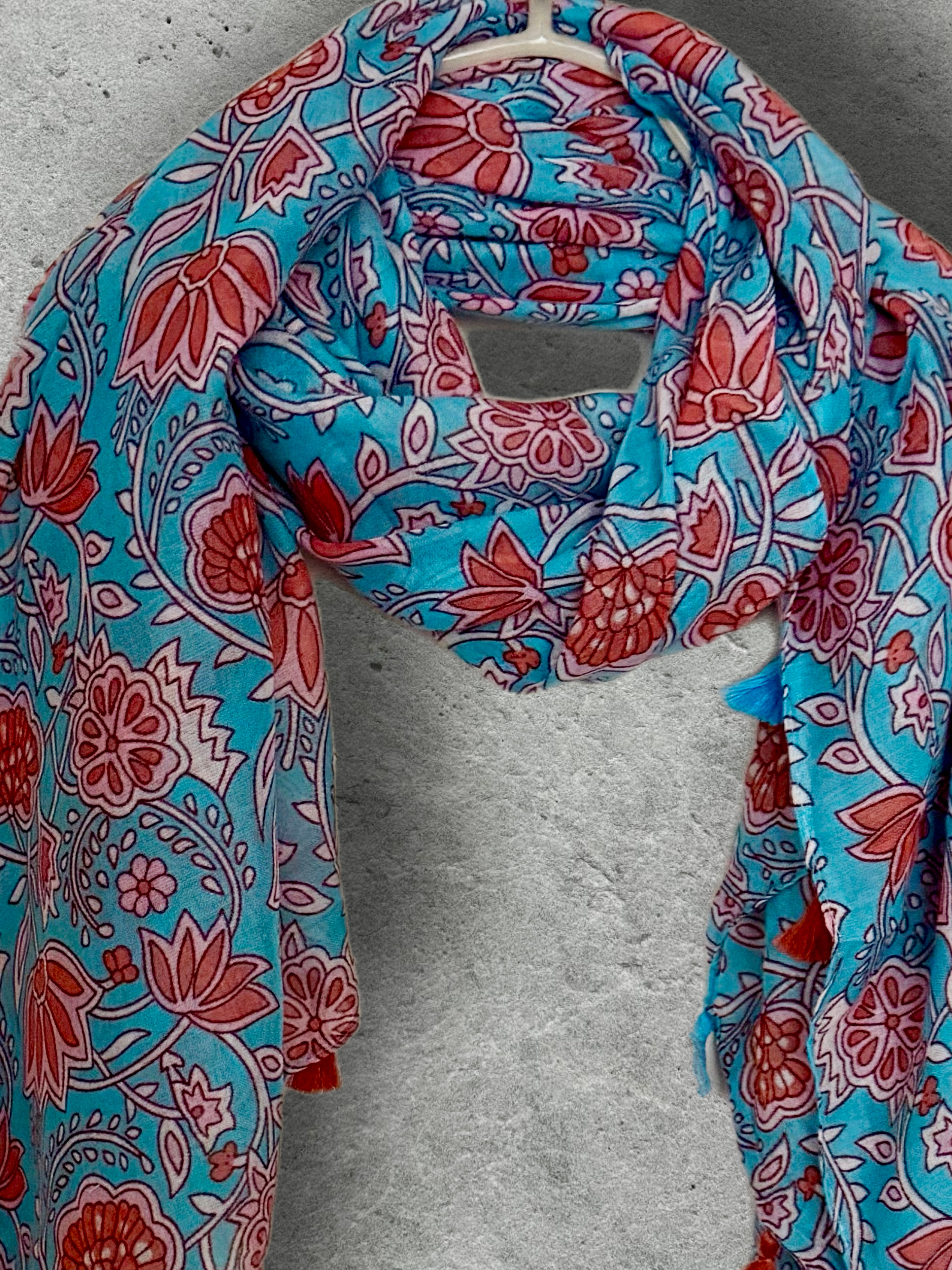 Turquoise Blue Floral Scarf,Lightweight Spring Summer Shawl,Soft Cotton Tassel Wrap for Women
