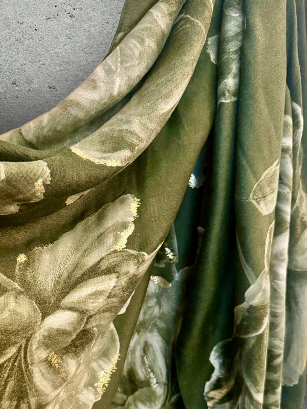Olive Green Peony Floral Scarf with Gold Accents for Women