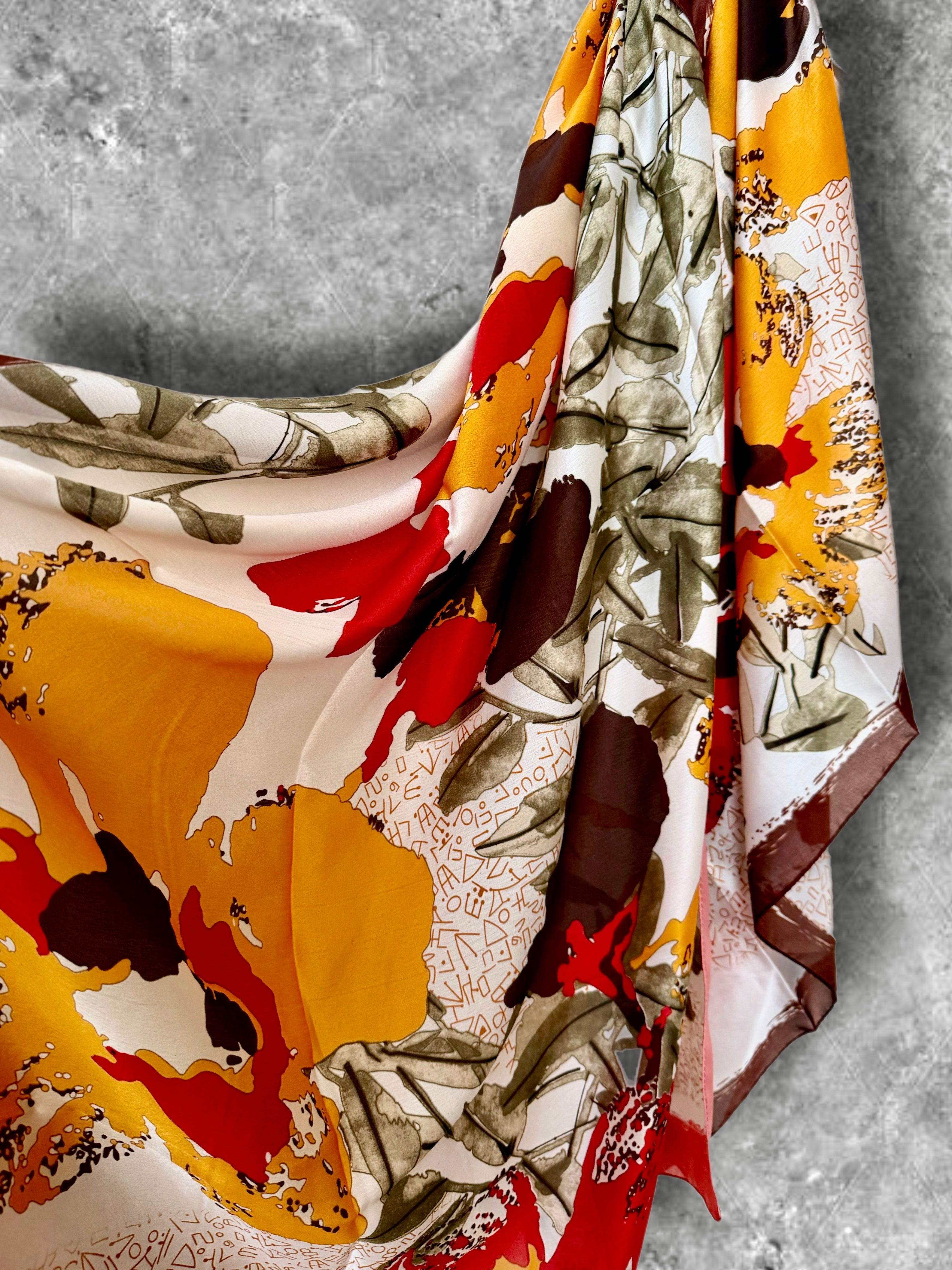 Abstract Modern Art Print Long Silk Scarf in Red and Orange