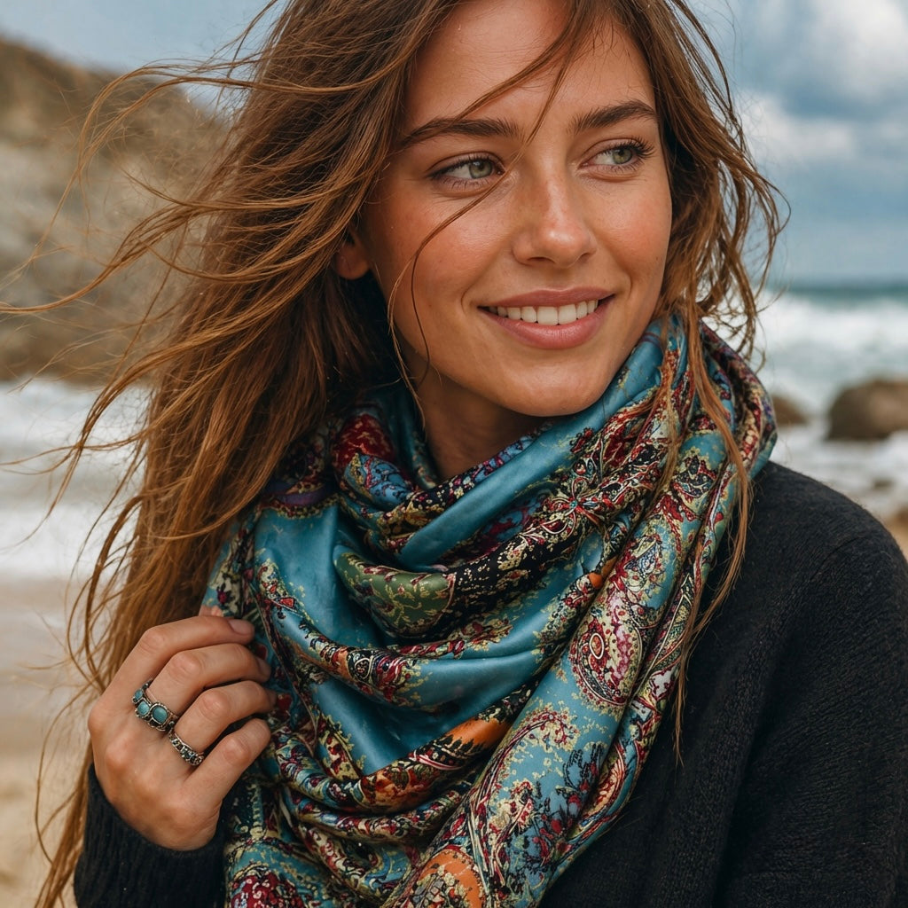 Boho Paisley Print Silk Scarf, Lightweight Shawl in Turquoise Blue for Women,Summer Wrap