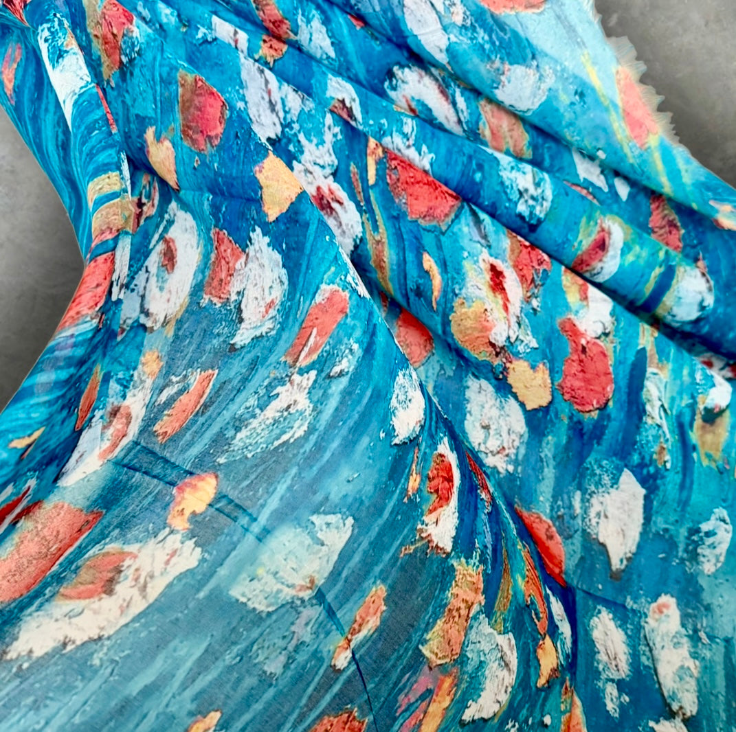 Blue Floral Abstract Cotton Scarf for Women,Lightweight Sheer Summer Wrap