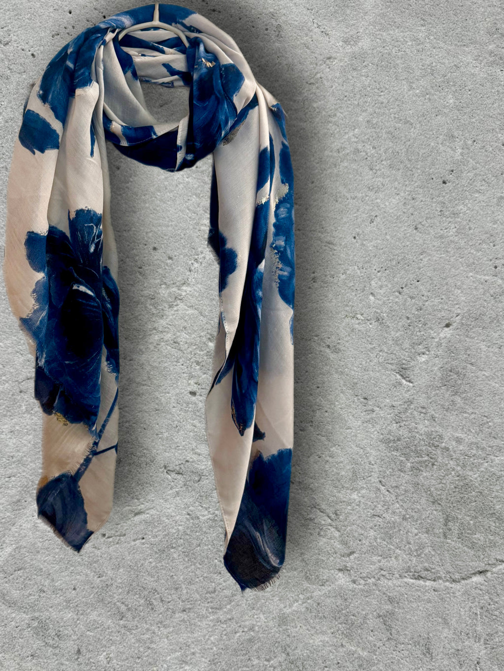 Blue Sketch Peony Scarf with Gold Accents,Elegant Floral Print Wrap