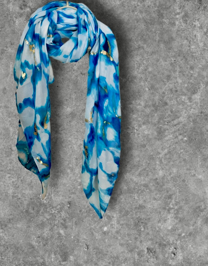 Blue Abstract Print Lightweight Cotton Scarf, Airy Summer Shawl with Gold Detail