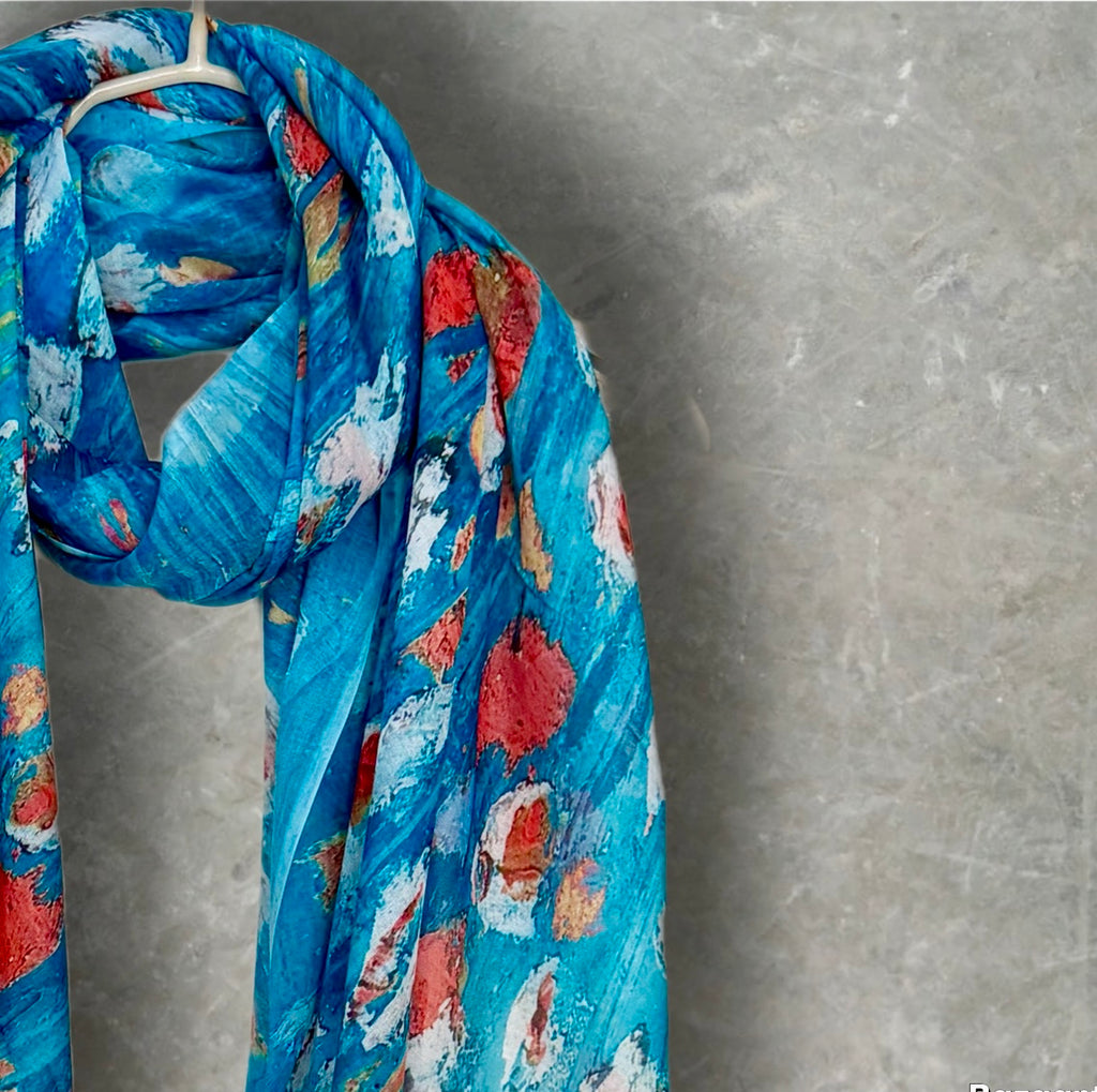 Blue Floral Abstract Cotton Scarf for Women,Lightweight Sheer Summer Wrap