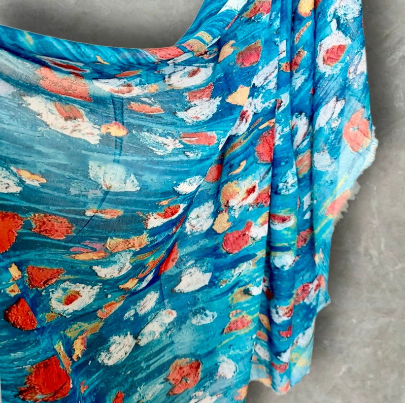 Blue Floral Abstract Cotton Scarf for Women,Lightweight Sheer Summer Wrap