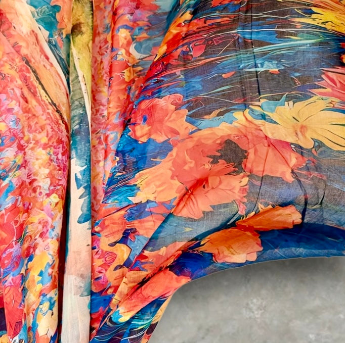 Orange Blue Watercolour Flower Print Cotton Scarf for Women,Lightweight Sheer Summer Wrap,Soft Breathable Shawl.