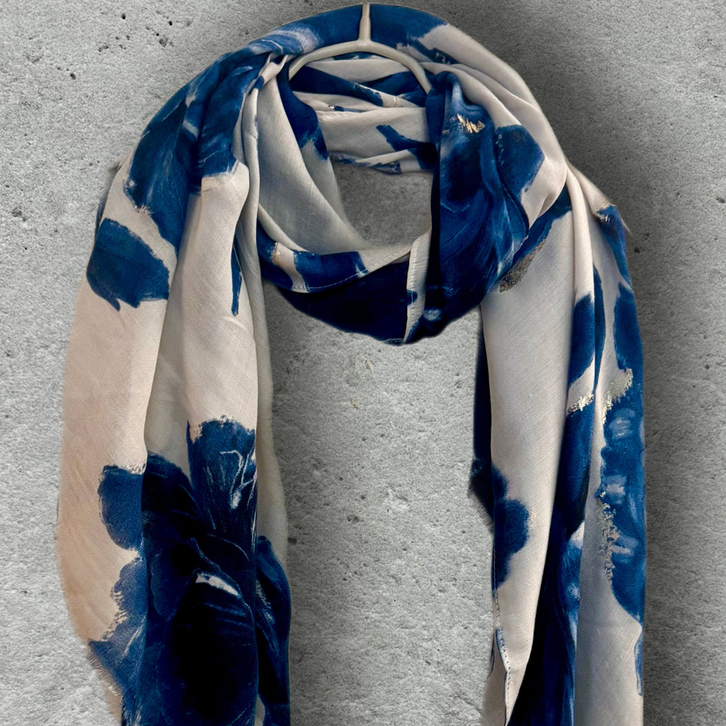 Blue Sketch Peony Scarf with Gold Accents,Elegant Floral Print Wrap