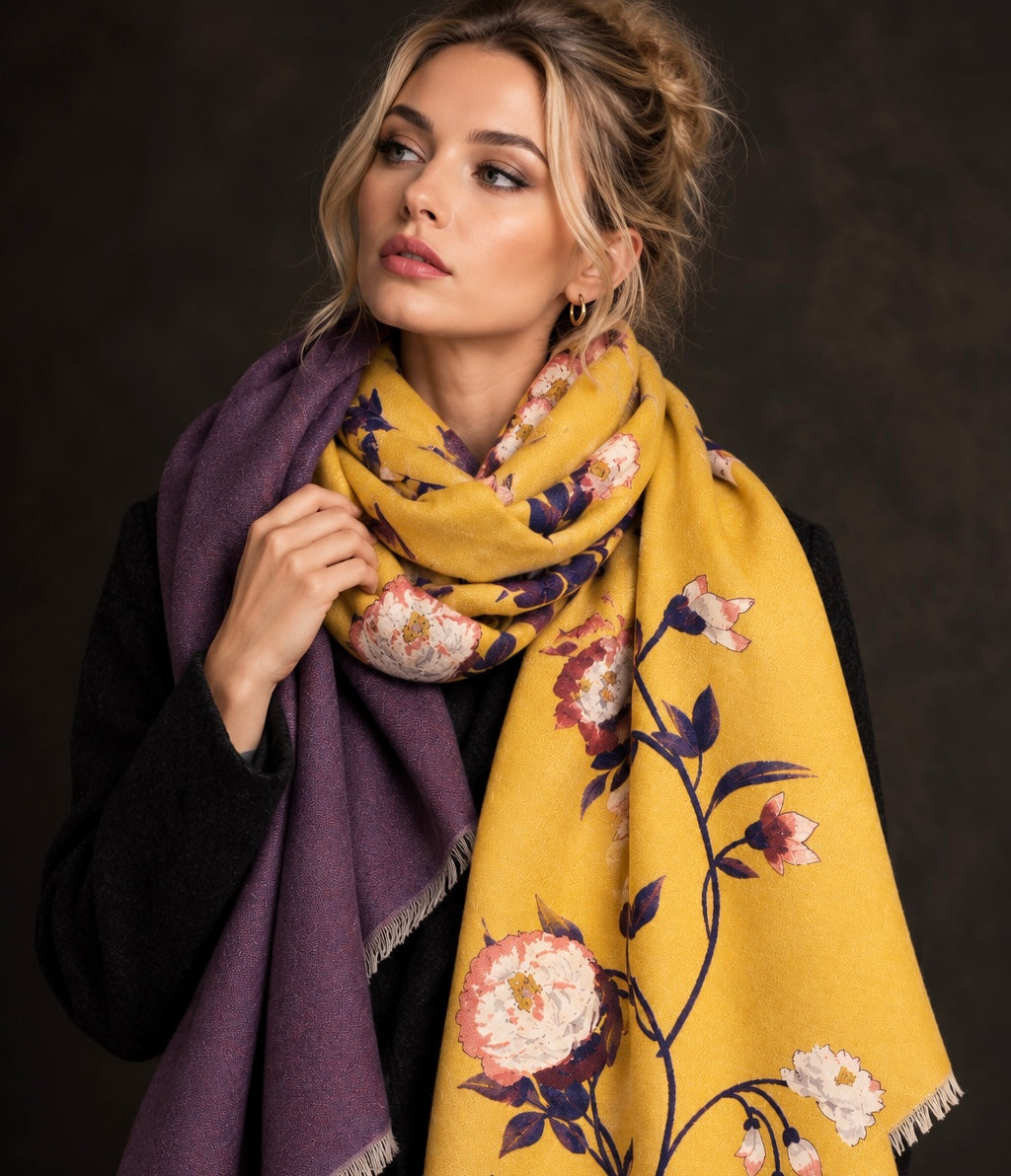Mustard Yellow & Plum Purple Reversible Floral Winter Scarf