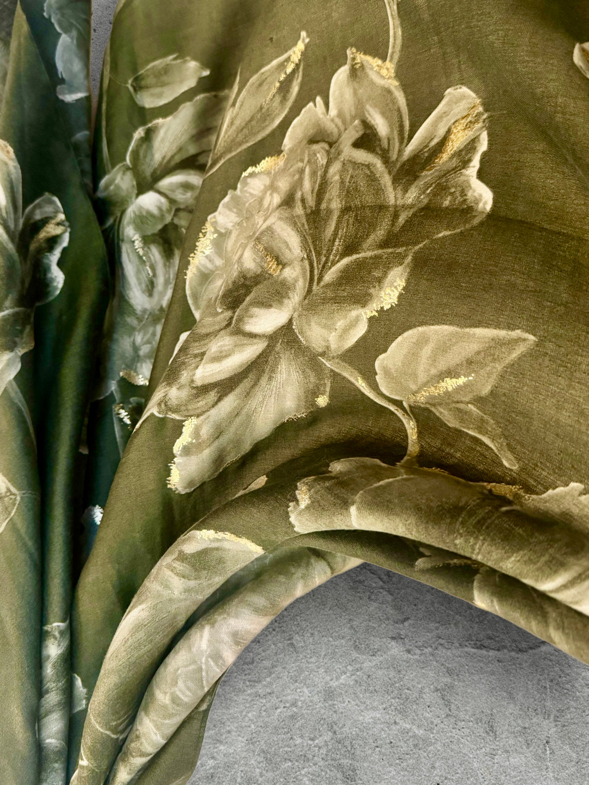 Olive Green Peony Floral Scarf with Gold Accents for Women