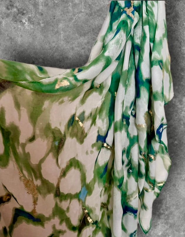 Green Marble Effect Cotton Scarf for Women,Lightweight Summer Wrap with Gold Accents