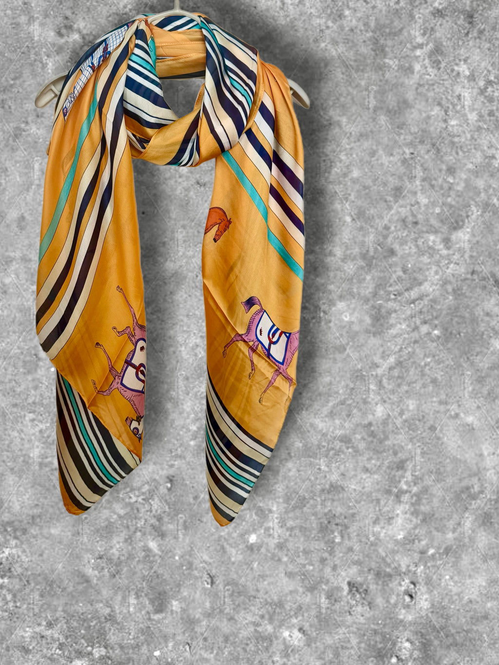 Yellow Silk Scarf for Women,Horse Print Striped Shawl,Equestrian Style Lightweight Summer Wrap