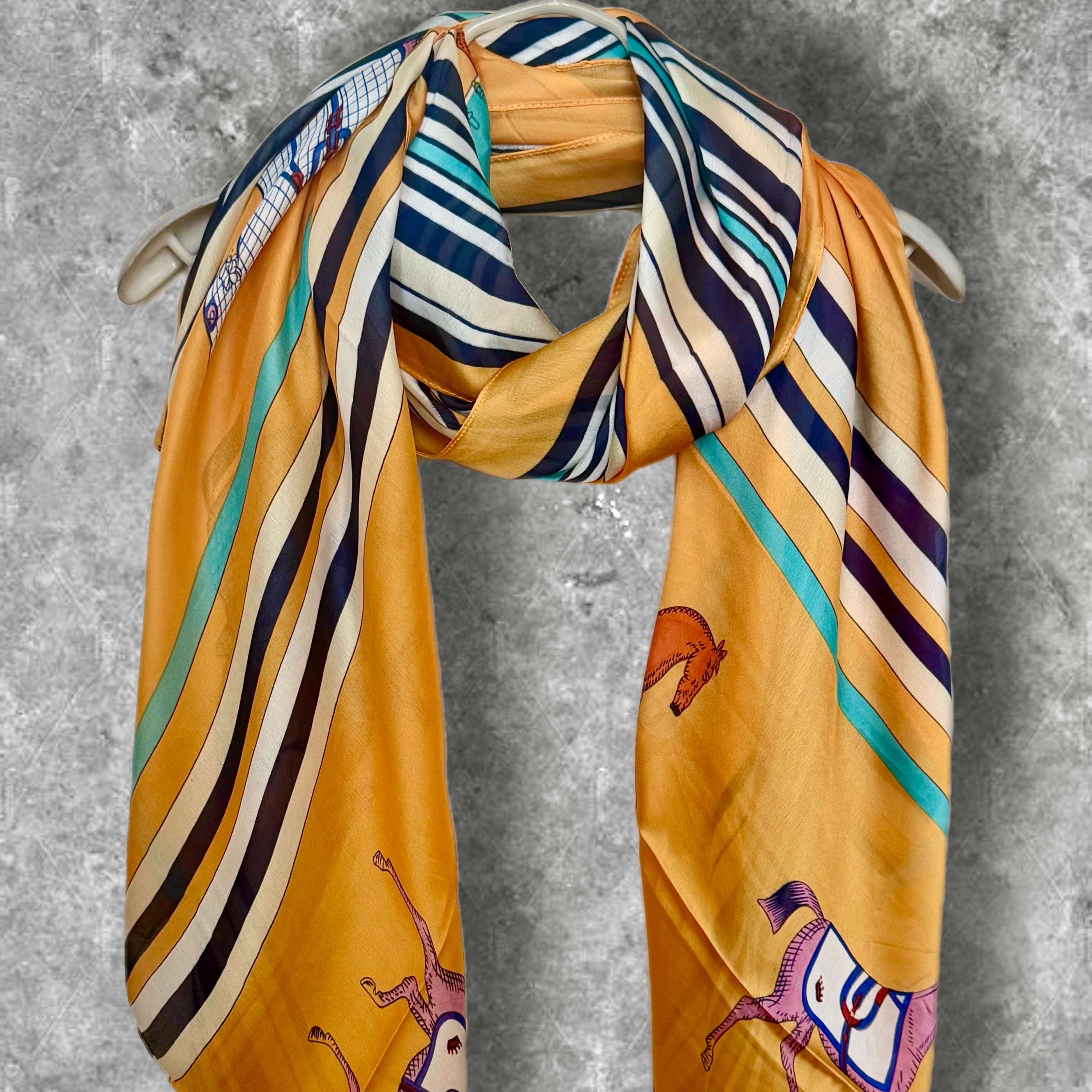 Yellow Silk Scarf for Women,Horse Print Striped Shawl,Equestrian Style Lightweight Summer Wrap