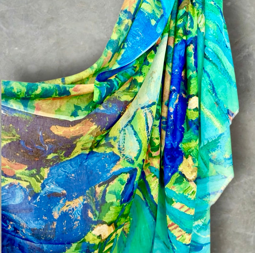 Abstract Blue Green Lightweight Cotton Scarf,Sheer Summer Wrap,Artistic Watercolour Print Shawl