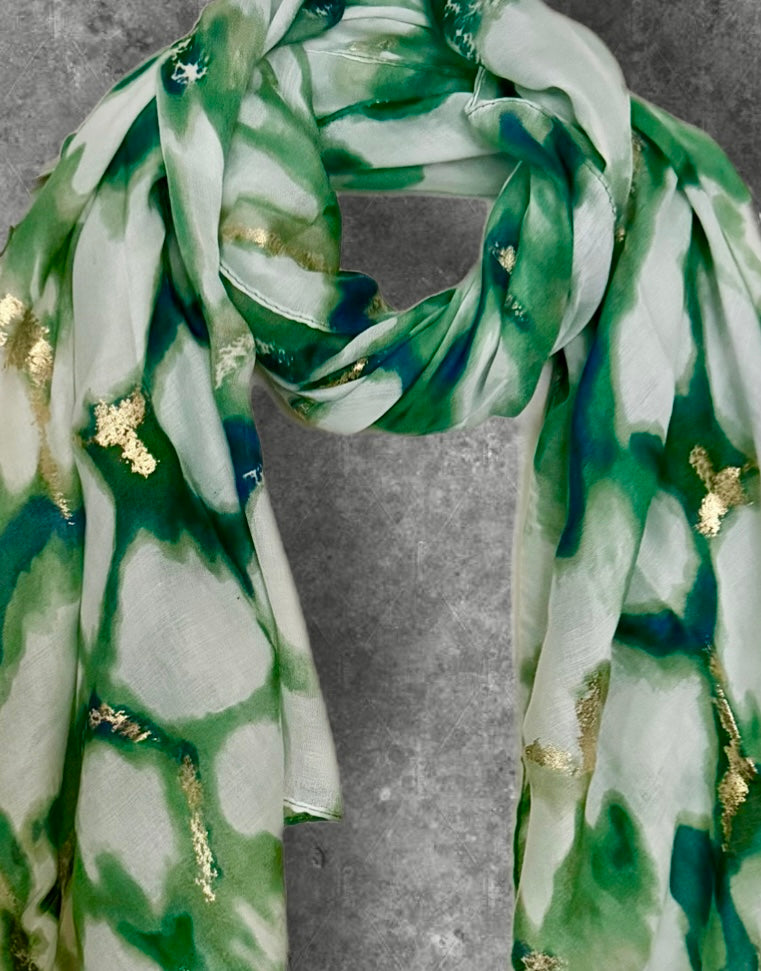 Green Marble Effect Cotton Scarf for Women,Lightweight Summer Wrap with Gold Accents