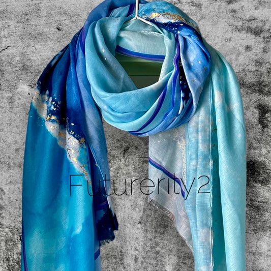 Watercolours Pattern Gold Dusk Blue Cotton Blend Scarf/Summer Autumn Scarf/Scarf Women/Gift For Her Birthday Christmas/Gifts For Mum