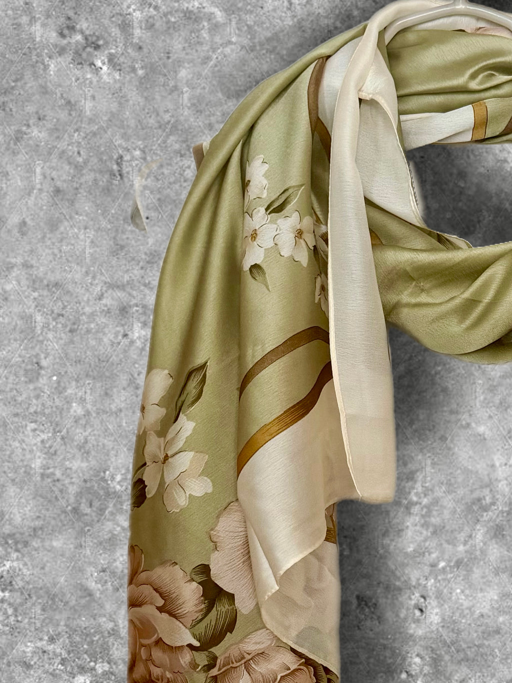 Olive Green Womens Silk Scarf with White Rose Floral Design,Lightweight Spring Sumner Wrap
