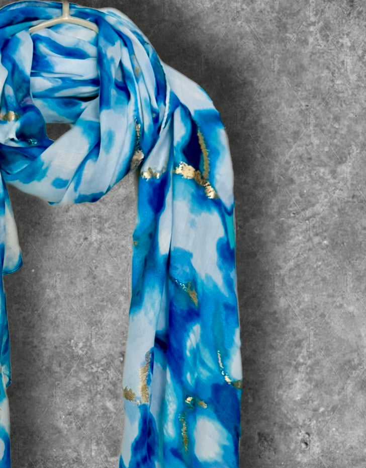 Blue Abstract Print Lightweight Cotton Scarf, Airy Summer Shawl with Gold Detail