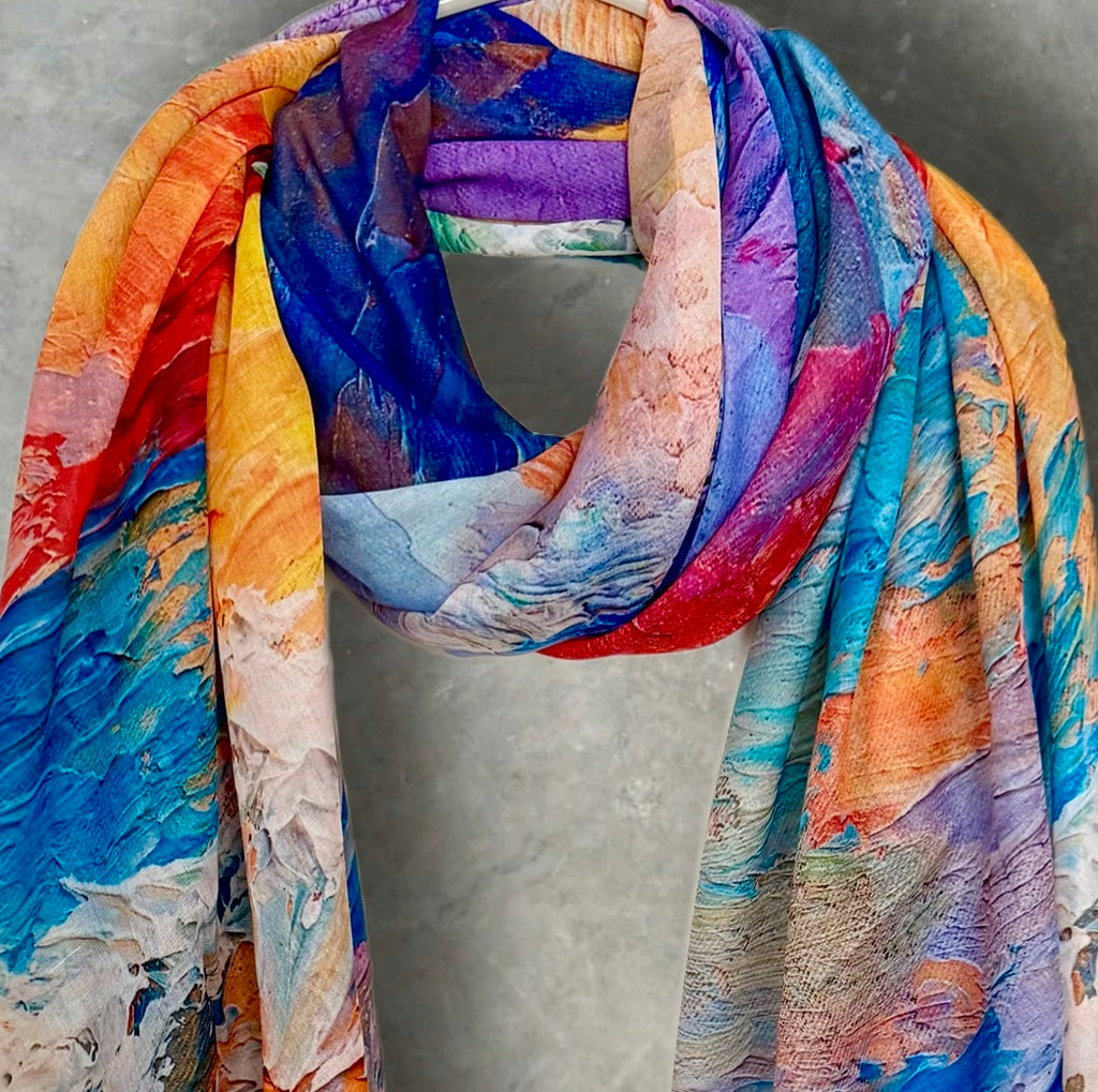 Multicolour Abstract Watercolour Cotton Scarf,Artistic Brushstroke Print Summer Scarf,Lightweight Colourful Shawl