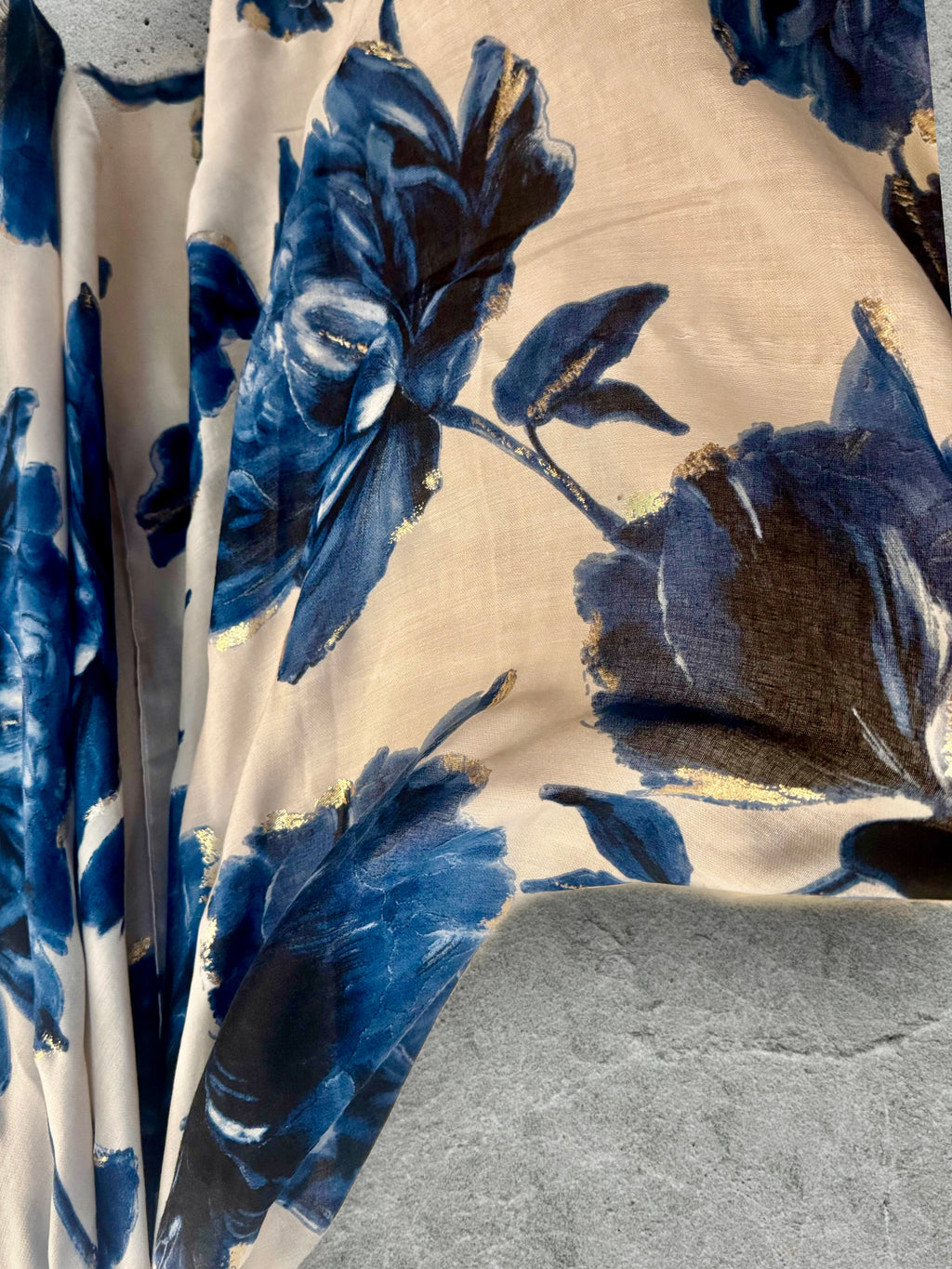 Blue Sketch Peony Scarf with Gold Accents,Elegant Floral Print Wrap