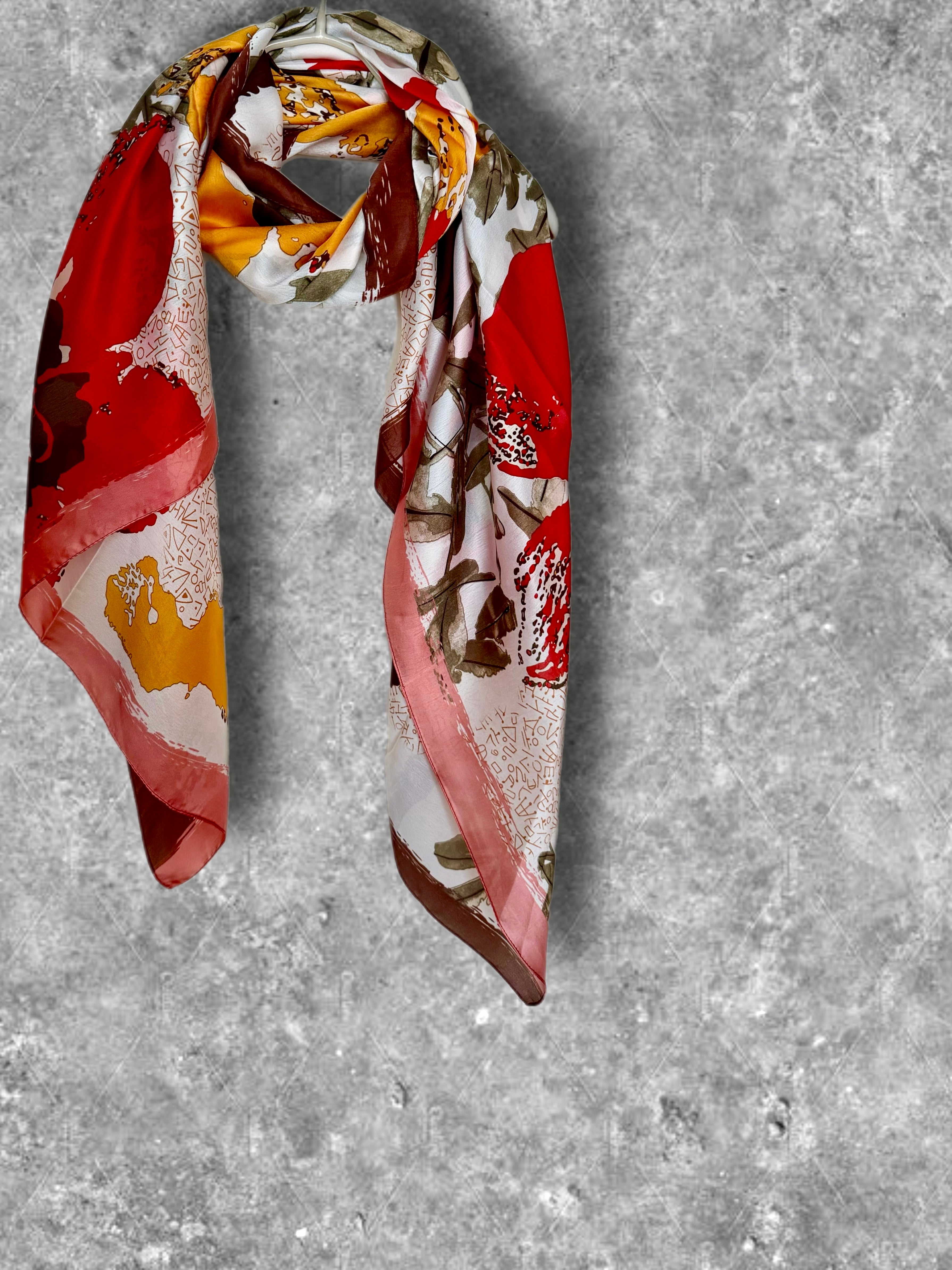 Abstract Modern Art Print Long Silk Scarf in Red and Orange