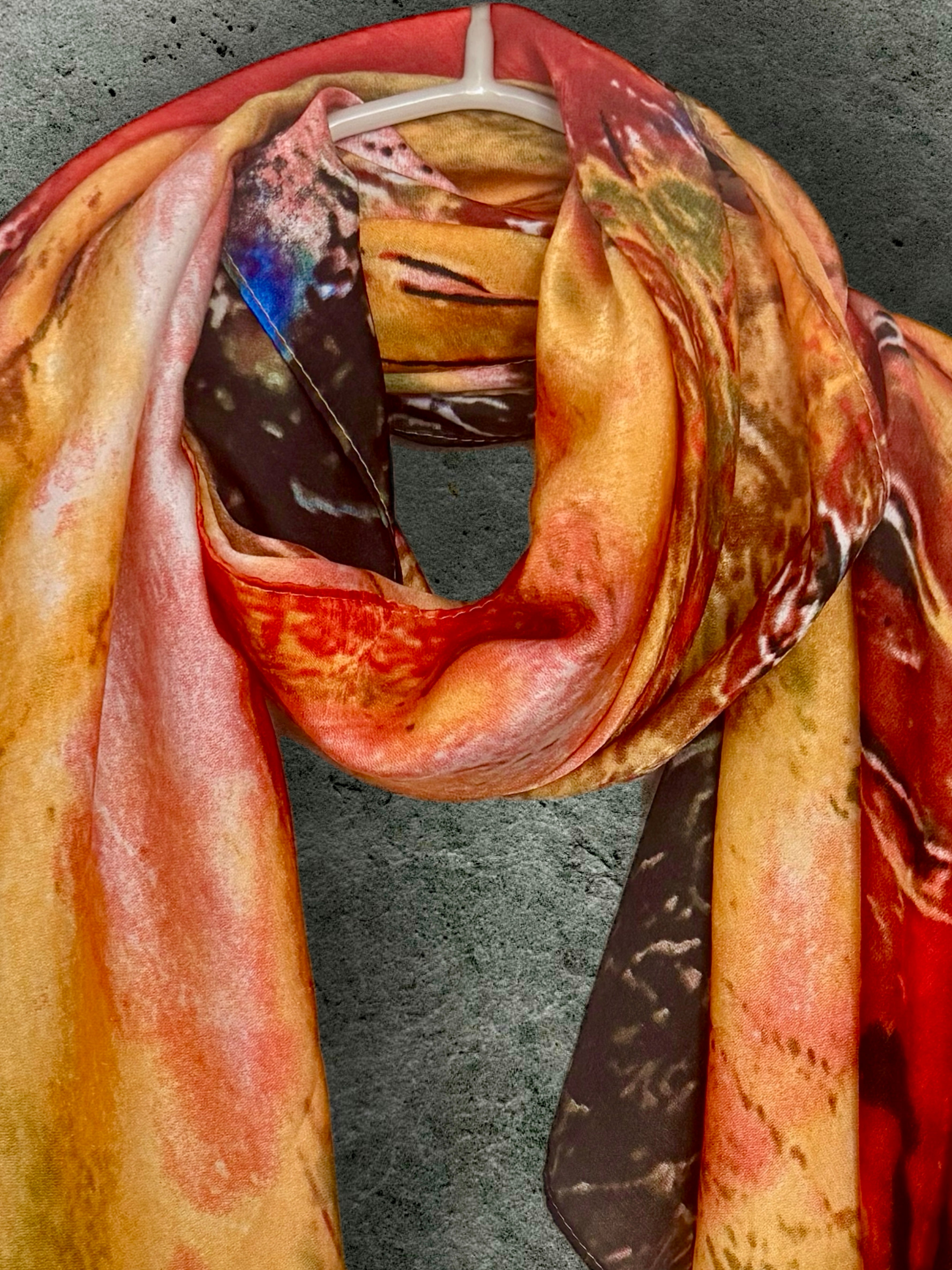 Abstract Silk Scarf for Women in Bold Orange & Red Artistic Wrap,Suitable for All Season,Great Gifts for Her,Mom,Birthday or Christmas