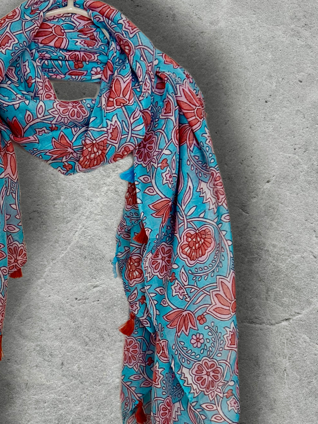 Turquoise Blue Floral Scarf,Lightweight Spring Summer Shawl,Soft Cotton Tassel Wrap for Women