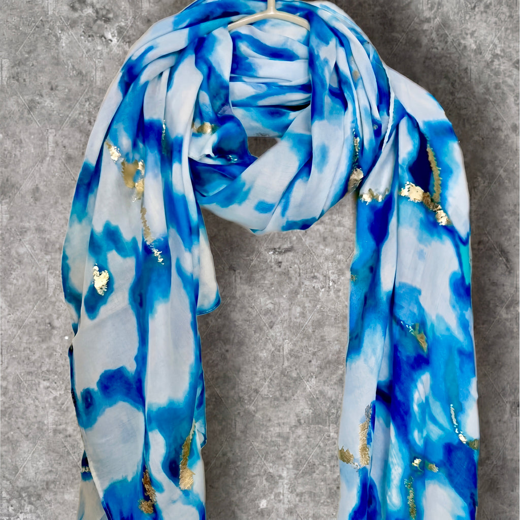 Blue Abstract Print Lightweight Cotton Scarf, Airy Summer Shawl with Gold Detail