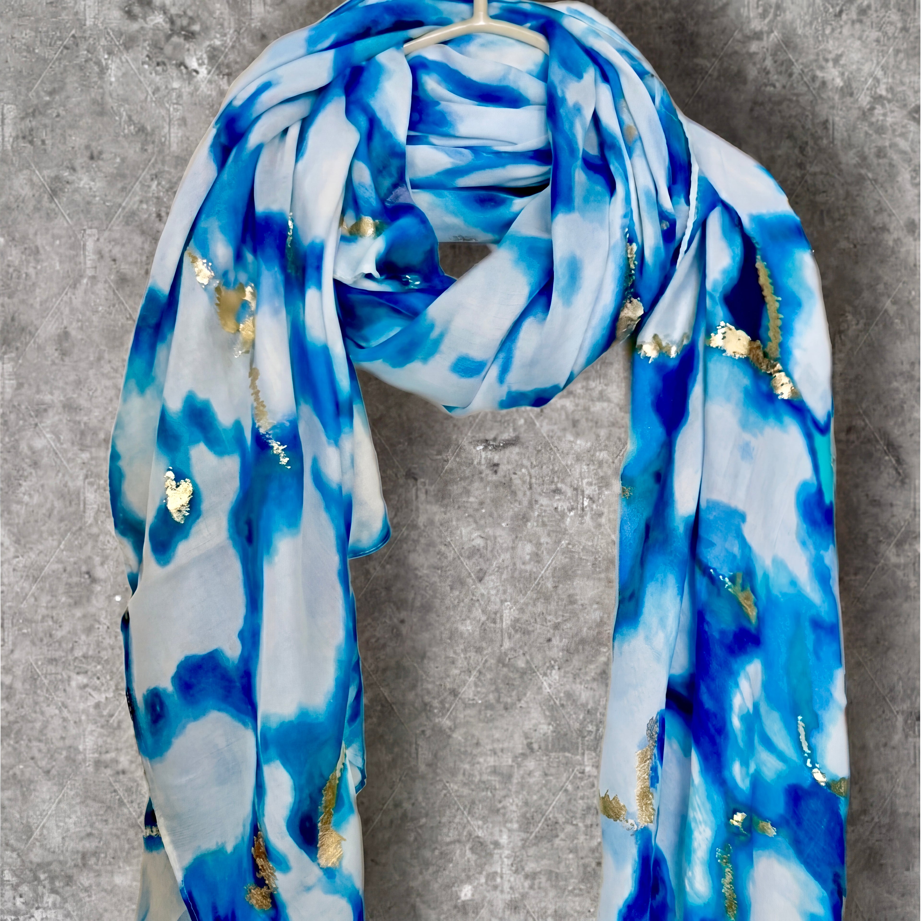 Blue Abstract Print Lightweight Cotton Scarf, Airy Summer Shawl with Gold Detail