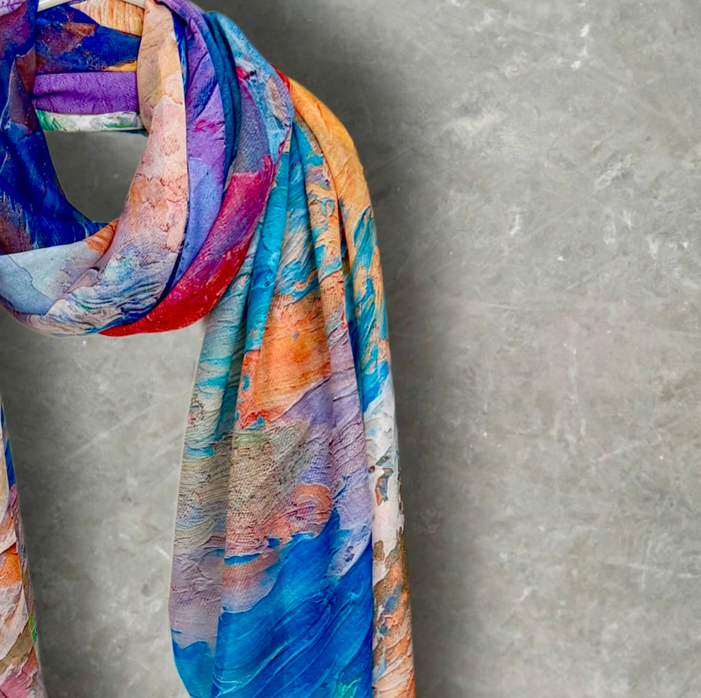 Multicolour Abstract Watercolour Cotton Scarf,Artistic Brushstroke Print Summer Scarf,Lightweight Colourful Shawl