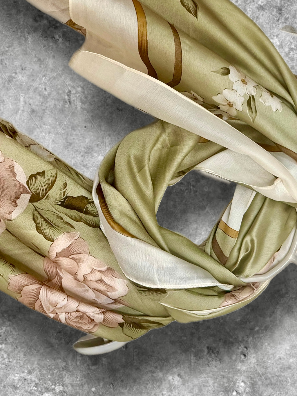 Olive Green Womens Silk Scarf with White Rose Floral Design,Lightweight Spring Sumner Wrap
