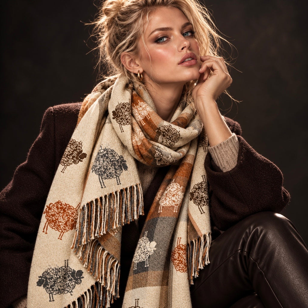 Cream Brown Sheep Reversible Winter Scarf