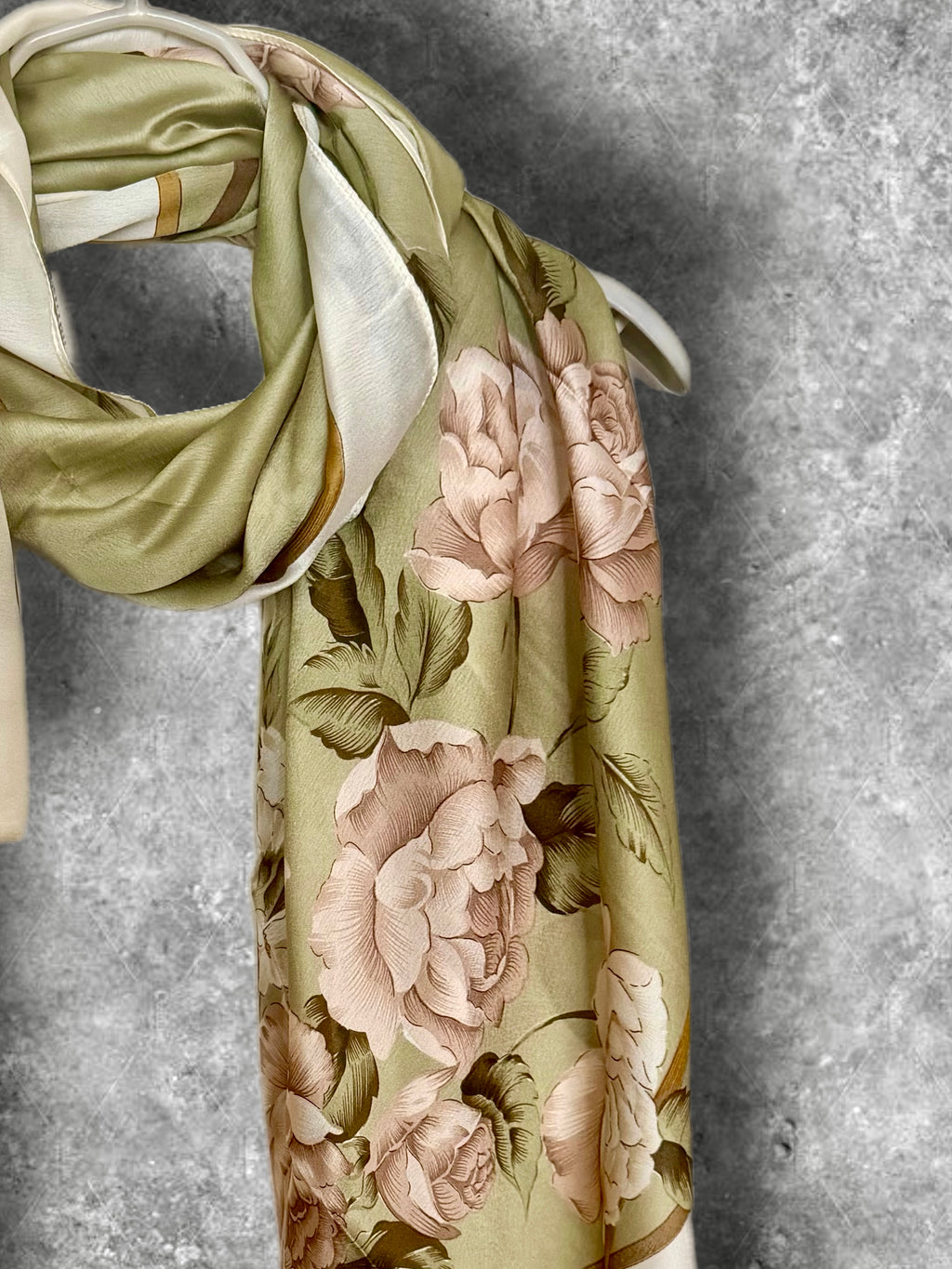 Olive Green Womens Silk Scarf with White Rose Floral Design,Lightweight Spring Sumner Wrap