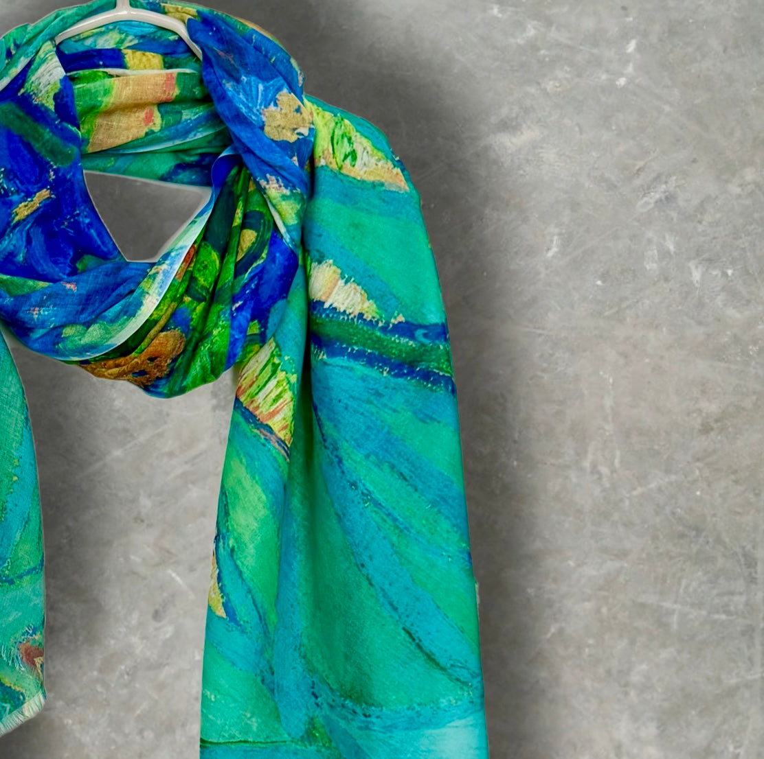Abstract Blue Green Lightweight Cotton Scarf,Sheer Summer Wrap,Artistic Watercolour Print Shawl